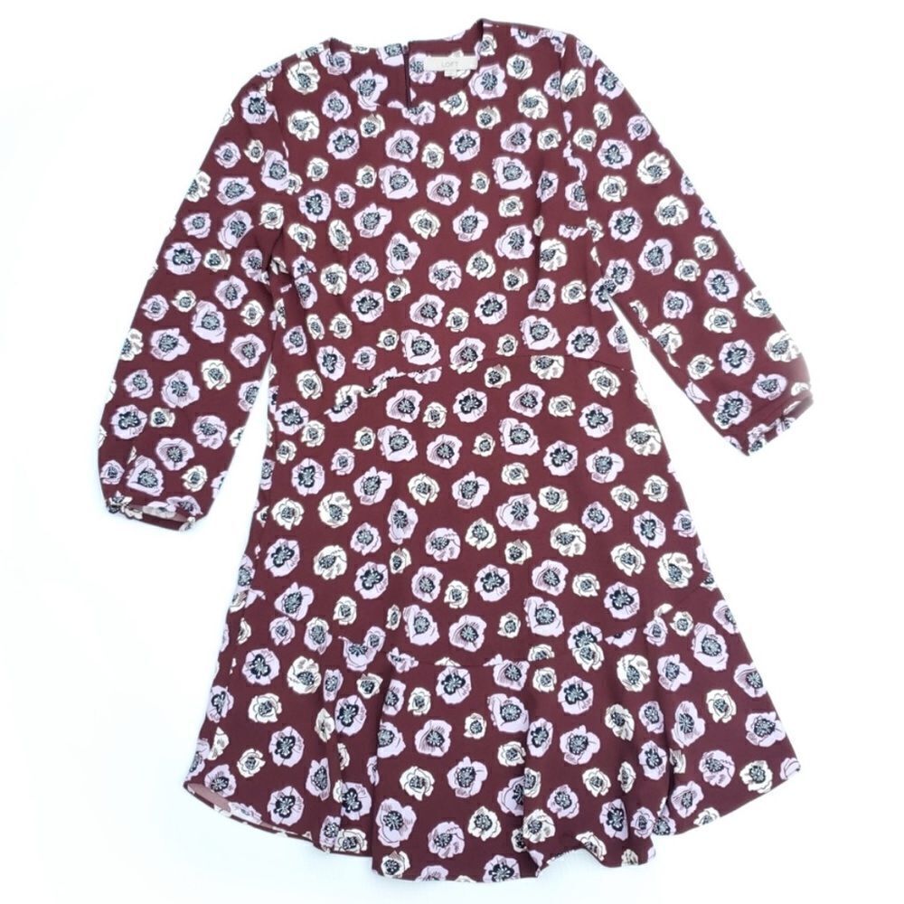LOFT Maroon Floral Flounce Dress